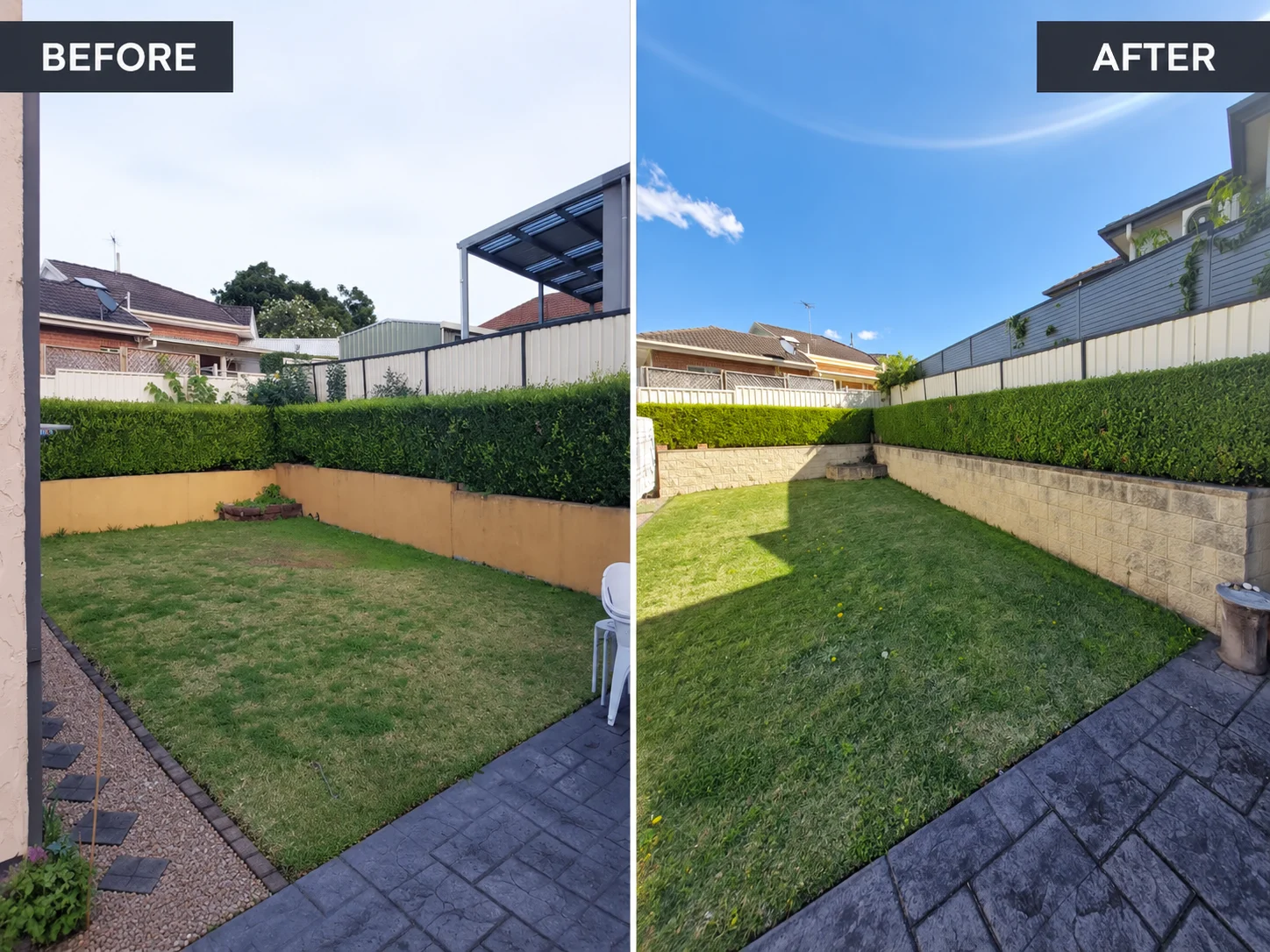 Before and after backyard hedge refresh