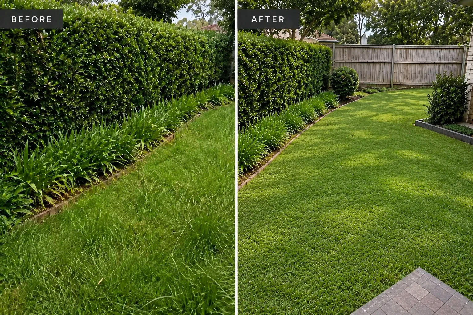 Before and after lawn and hedge refresh